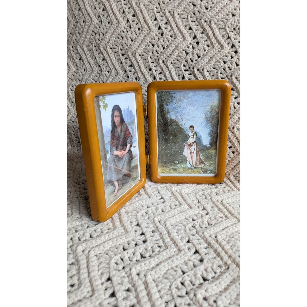 Vintage Wood Folding Double Picture Frame Bouguereau Corot Art Prints 8x5.5